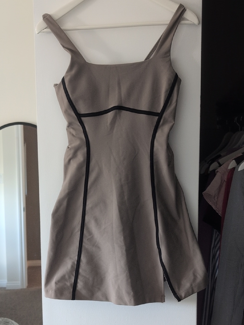 Sleeveless Taupe Dress with Black Piping